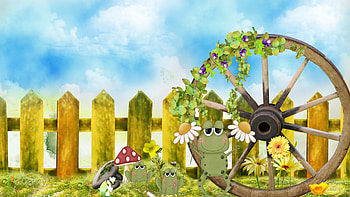 Mama Frog and Babies, wheel, frog, spring, summer, field, fence, flowers, whimsical, sky, foliage HD wallpaper