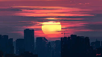 City Buildings Lunar Sunset, artist, city, buildings, artwork, digital-art, sunset, artstation HD wallpaper