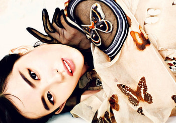Yifei Liu, glove, black, femeie, model, girl, actress, orange, woman, butterfly, face, harpers bazaar HD wallpaper