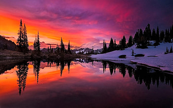 Winter Sunset Reflected in Lake, Winter, Nature, Sunsets, Lakes HD wallpaper