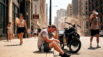 City Melt: Urban Heatwave —, Man, Motorcycle, Sidewalk HD wallpaper