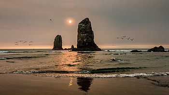 Nature, Sunset, Sun, Beach, Rocks HD wallpaper