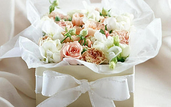 Pastel Flowers in a box, pastel, white, roses, box, ribbon, flowers HD wallpaper