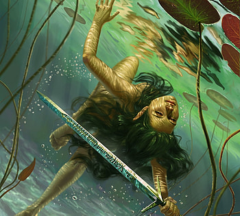 Nimue, Lady of the Lake, art, sword, girl, daniela ivanova, lake, summer, lady, fantasy, green, nimue, luminos, water, vara HD wallpaper