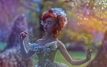 Fairytale, blue, agnieszka lorek, model, girl, orange, woman, purple, pink, ophidia, redhead HD wallpaper