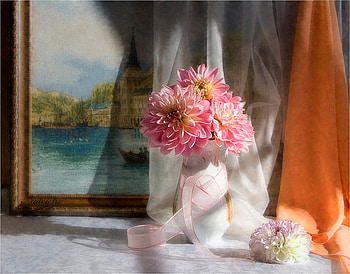 Still Life, soft, vase, lace, tender, pink, painting, light, flowers, lovely HD wallpaper