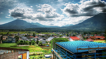 Cities, Grass, Sky, Mountains, Building, Village HD wallpaper