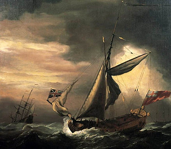 Shipping in Heavy Sea, sea, boat, waves, light, clouds, sail, flag HD wallpaper