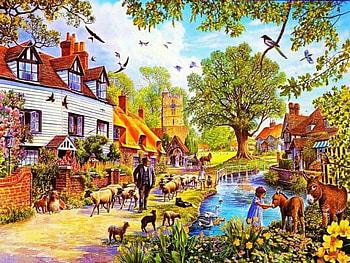 Spring in the Village, artwork, path, house, sheep, people, pond HD wallpaper