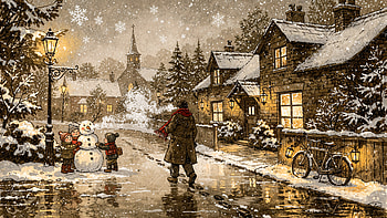 Snowfall, Snow, Village, Snowman, Cottage HD wallpaper