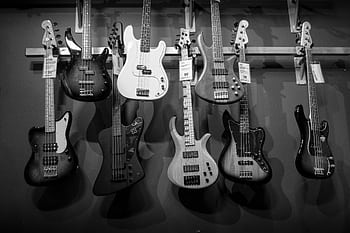 Black and white display of various electric bass guitars hanging on a rack. HD wallpaper