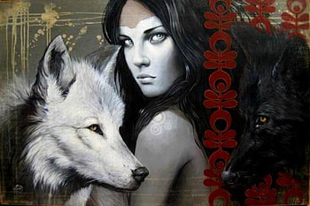 She wolf, fantasy, art, sophie wilkins, face, girl, lup, wolf, white, painting, pictura HD wallpaper