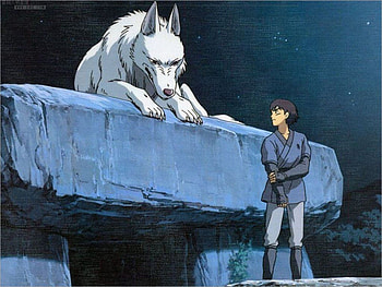 Princess Mononoke-Ashitaka and the Wolf, wolf girl, action, forest spirit, love, animal gods HD wallpaper