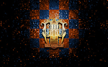 Ehime FC, glitter logo, J2 League, orange blue checkered background, soccer, japanese football club, Ehime FC logo, mosaic art, football, FC Ehime HD wallpaper