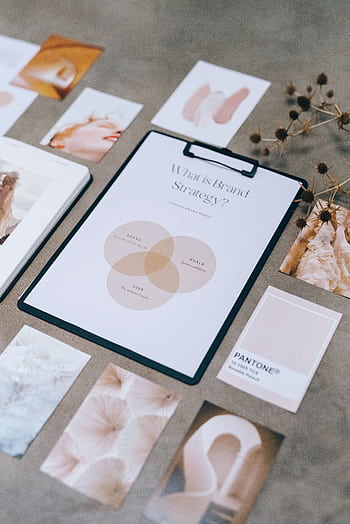 Flat lay of brand strategy clipboard with Pantone cards and aesthetic on desk. HD phone wallpaper