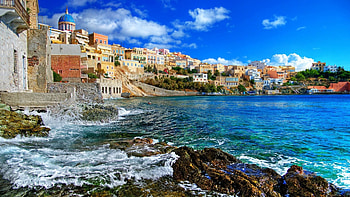 wonderful colorful town on syros island greece, island, colors, town, coast HD wallpaper
