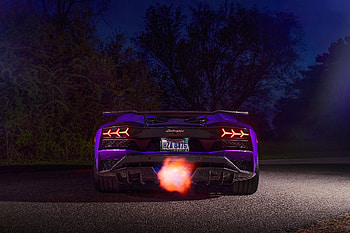 Purple Lamborghini Aventador Exhaust Pop , lamborghini-aventador, lamborghini, cars, behance HD wallpaper