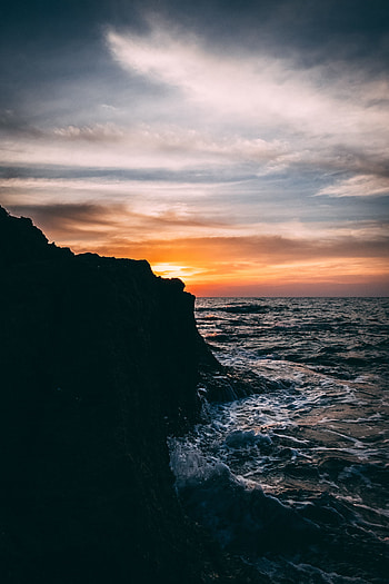 Sunset, coast, rocks, sea, nature, dark HD phone wallpaper