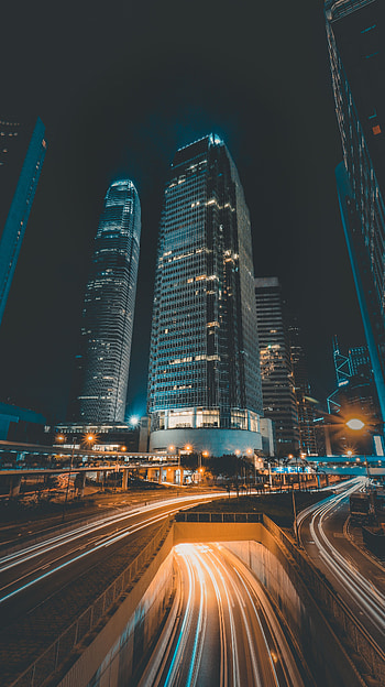 Cities, Architecture, Building, Lights, Road, Night City, Skyscrapers HD phone wallpaper