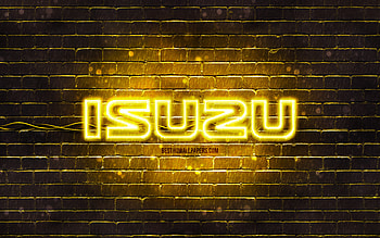 Isuzu yellow logo, , yellow brickwall, Isuzu logo, cars brands, Isuzu neon logo, Isuzu HD wallpaper