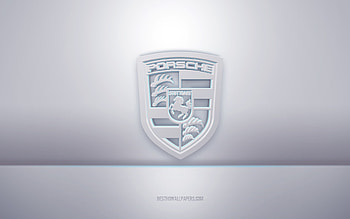 Porsche 3d white logo, gray background, Porsche logo, creative 3d art, Porsche, 3d emblem HD wallpaper