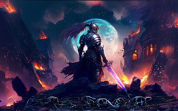 The Ruinous Flame, Anime, fantasy, landscape, knight, medieval, anime landscape, fantasy landscape, fantasy anime HD wallpaper