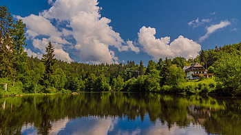 Lake Klostermaier, Black Forest, Germany, water, reflections, clouds, trees, landscape, sky HD wallpaper