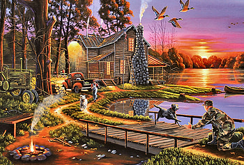 GI Homecoming F2, dog, GI, architecture, art, landscape, beautiful, lake, cabin, artwork, ducks, scenery, wide screen, wildlife, painting, canine, cottage HD wallpaper
