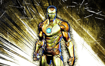 Gold Foil Iron Man, grunge art, Fortnite Battle Royale, Fortnite characters, Gold Foil Iron Man Skin, brown abstract rays, Fortnite, Gold Foil Iron Man Fortnite HD wallpaper