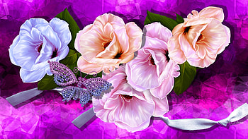 Shine of Blossoms, pink, roses, bright, floral, flowers, spring, ribbon, butterflies, summer, butterfly HD wallpaper