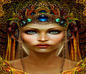 High Princess, crown, fantasy, peacock feathers, gold, woman HD wallpaper