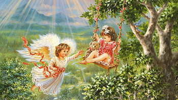 Angels, wings, white, children, art, swing, girl, angel, copil, painting, fantasy, pictura, green, red HD wallpaper
