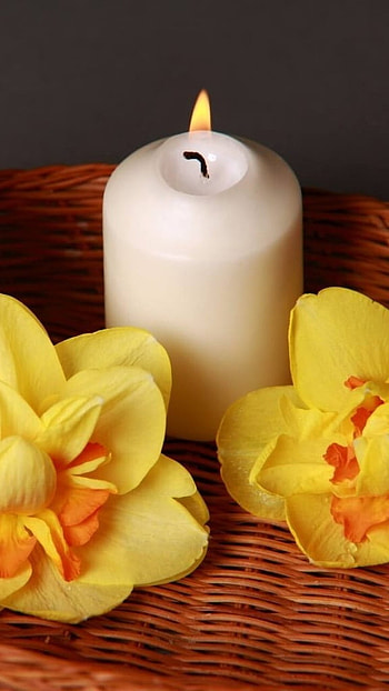 Candle, Yellow Flowers, Candle Background HD phone wallpaper