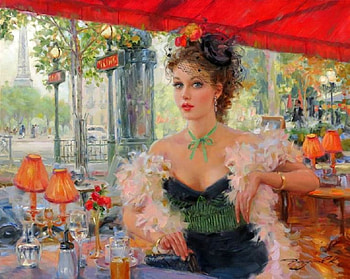 Parisian Beauty, girl, woman, razumov, paris, art, feathers, , beautiful, elegant, digital, cafe, fantasy HD wallpaper