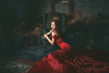 Beauty, black, model, room, asian, girl, dress, woman, red HD wallpaper
