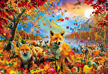 Foxes and Friends, river, leaves, painting, animals, deer, autumn, trees, owl HD wallpaper