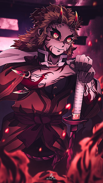 RENGOKU 京十郎, red, art, kimetsunoyaiba, demonslayer, kimetsu, kyojuro, demon, oni, anime HD phone wallpaper