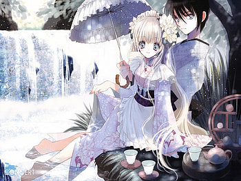 Perfect Couple, umbrella, waterfall, beautiful, male, drink, together, female HD wallpaper