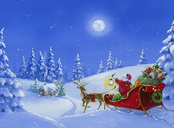 Holidays, Santa Claus, Night, Moon, Forest, House, Lantern, Lamp, Deer, Sleigh, Sledge, Presents, Gifts HD wallpaper