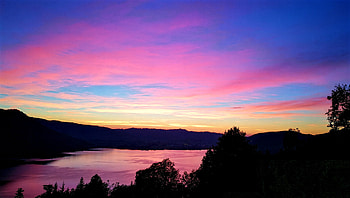 Lake, sunset, blue-pink sky, silhouette HD wallpaper