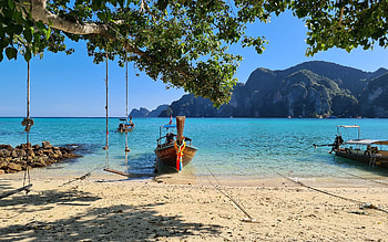 Longtail Boat in Thailand, sea, Thailand, swings, boats, beach, tree, mountain HD wallpaper