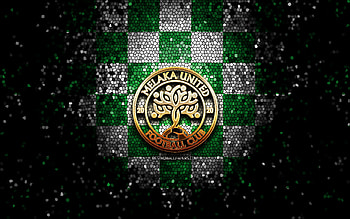 Melaka United FC, glitter logo, Malaysia Super League, green white checkered background, soccer, malaysian football club, Melaka United logo, mosaic art, football, Melaka United HD wallpaper