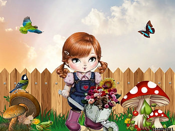 IN THE GARDEN, GIRL, BUTTERFLY, MUSHROOMS, BIRD HD wallpaper