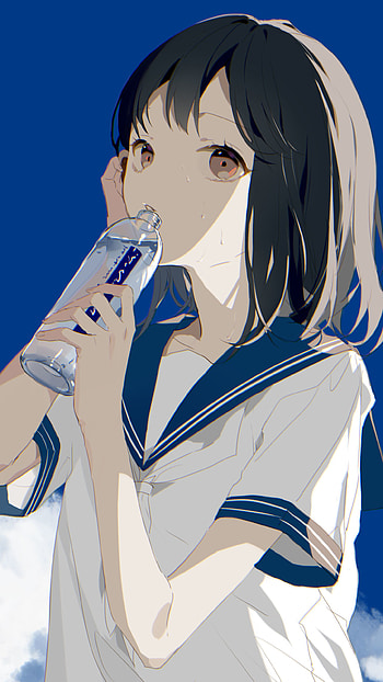 Short-Haired Black Sailor — Brown-Eyed Anime Sip (Original ), short hair, black hair, brown eyes, bottle, Anime, Original HD phone wallpaper