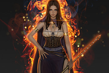 Fantasy girl, black, youngmin suh, sword, art, girl, woman, fantasy, magical, game, fire HD wallpaper