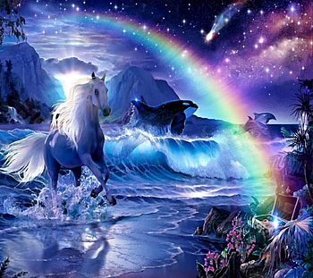 Playtime At The Ocean, sky, mountains, rainbow, ocean HD wallpaper