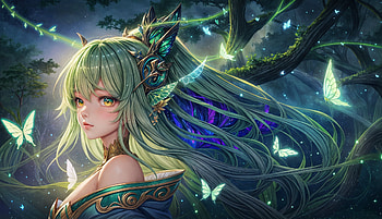 Enchanted Forest Maiden with Emerald Hair and Radiant Butterflies - Anime, Anime, forest, green hair, butterfly, anime forest HD wallpaper
