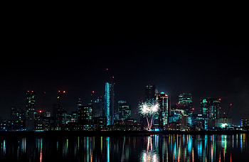 Cities, Water, Building, Reflection, Night City, Fireworks, Firework HD wallpaper