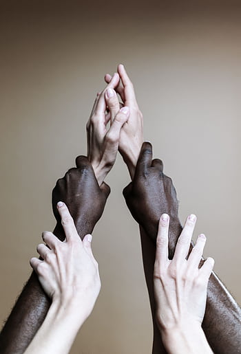 Multiple hands of different ethnicities reaching up, symbolizing unity and togetherness. HD phone wallpaper