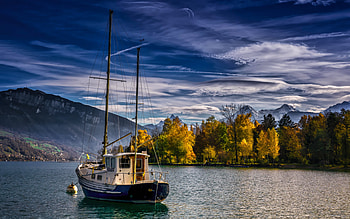 Thunersee, mountain lake, autumn, sailboat, evening, sunset, Alps, Bern, Switzerland HD wallpaper